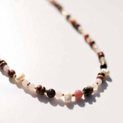 Rose Quartz & Rhodonite with Cultured pearls| 18k Gold Filled Beads with Red and Turquoise Beads and Chain Necklace | Layered Necklace
