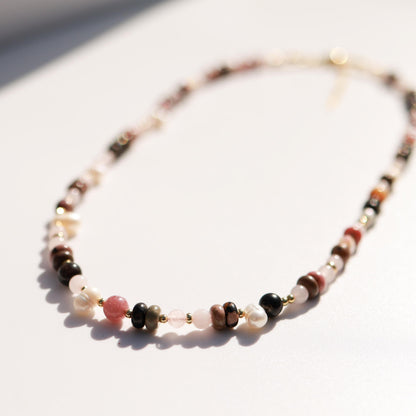 Rose Quartz & Rhodonite with Cultured pearls| 18k Gold Filled Beads with Red and Turquoise Beads and Chain Necklace | Layered Necklace