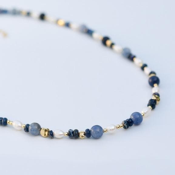 Lapis & Imperial Jasper with Cultured Pearl| 18k Gold Filled Beads with Red and Turquoise Beads and Chain Necklace | Layered Necklace