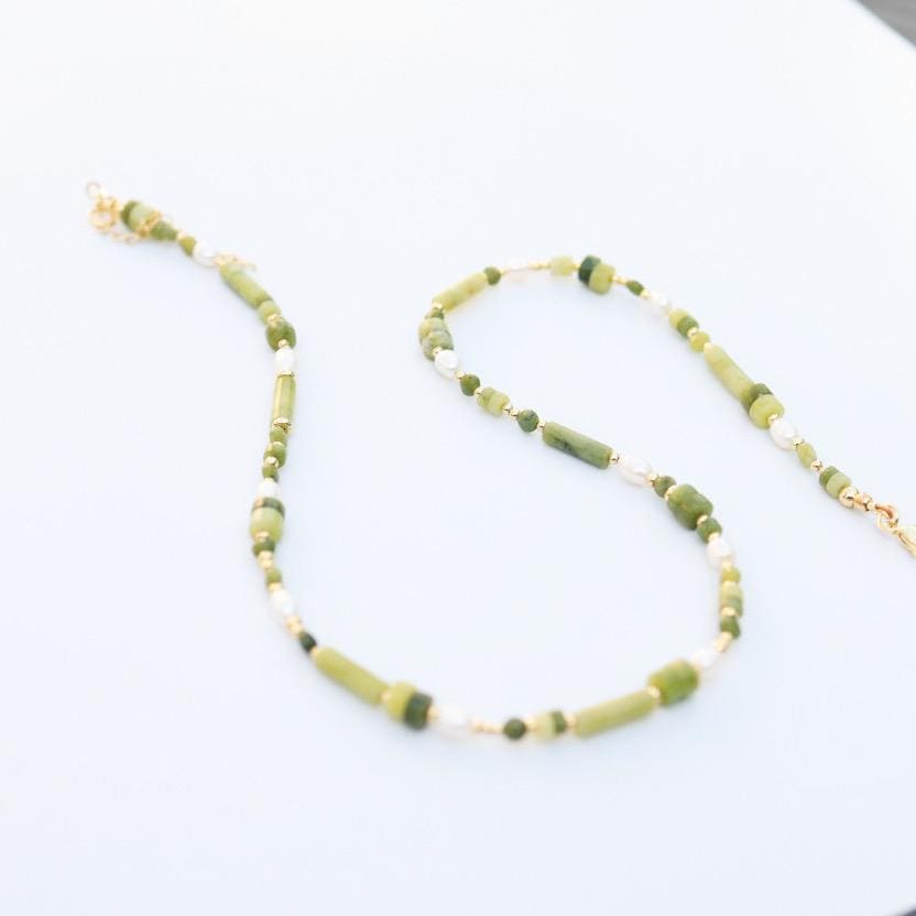 Jade with Cultured Pearl | 18k Gold Filled Beads with Red and Turquoise Beads and Chain Necklace | Layered Necklace