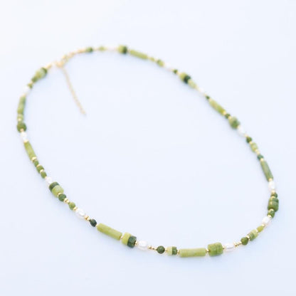 Jade with Cultured Pearl | 18k Gold Filled Beads with Red and Turquoise Beads and Chain Necklace | Layered Necklace