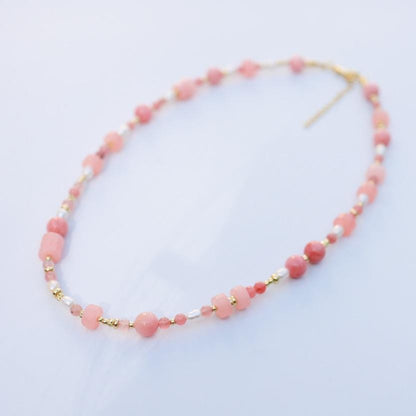 Pink Dyed Quartz | 18k Gold Filled Beads with Red and Turquoise Beads and Chain Necklace | Layered Necklace