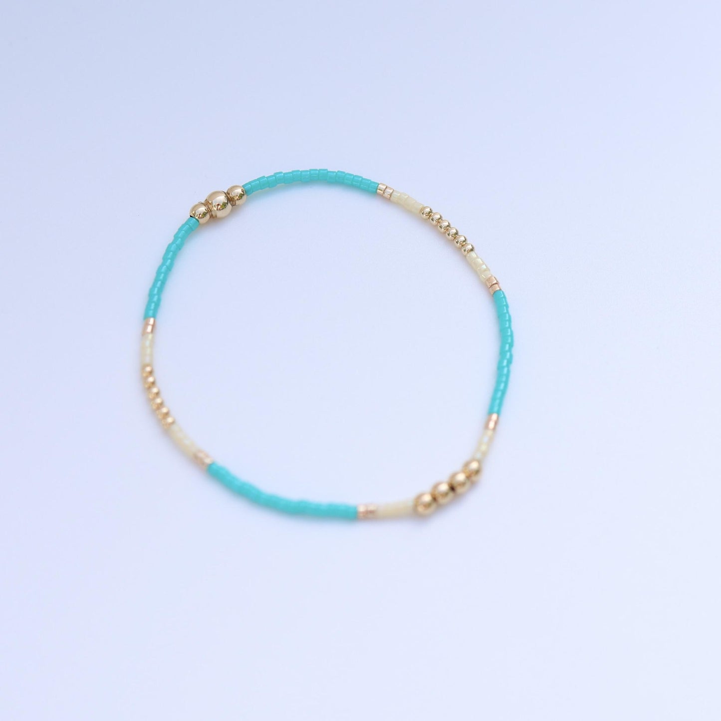 Signature Jasmine Stack | 14k Gold Filled Non-Tarnish with Teal, Cream and Gold Seed Beads | Stretch Beaded Bracelet Stack | Tiny| Triangle