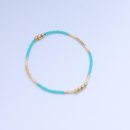 Signature Jasmine Stack | 14k Gold Filled Non-Tarnish with Teal, Cream and Gold Seed Beads | Stretch Beaded Bracelet Stack | Tiny| Triangle