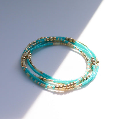Signature Jasmine Stack | 14k Gold Filled Non-Tarnish with Teal, Cream and Gold Seed Beads | Stretch Beaded Bracelet Stack | Tiny| Triangle