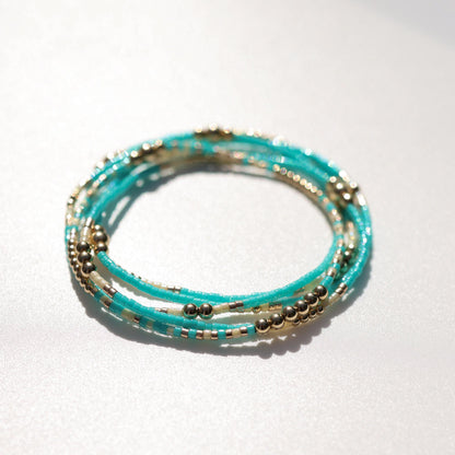 Signature Jasmine Stack | 14k Gold Filled Non-Tarnish with Teal, Cream and Gold Seed Beads | Stretch Beaded Bracelet Stack | Tiny| Triangle