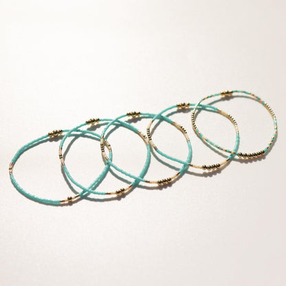 Signature Jasmine Stack | 14k Gold Filled Non-Tarnish with Teal, Cream and Gold Seed Beads | Stretch Beaded Bracelet Stack | Tiny| Triangle