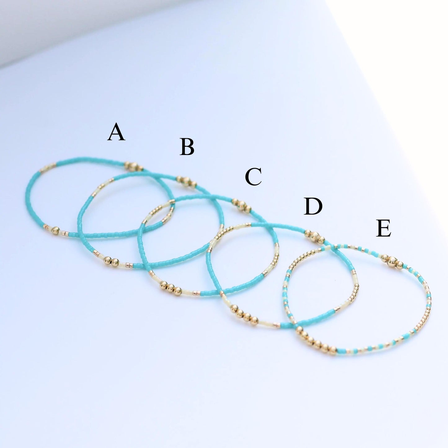 Signature Jasmine Stack | 14k Gold Filled Non-Tarnish with Teal, Cream and Gold Seed Beads | Stretch Beaded Bracelet Stack | Tiny| Triangle