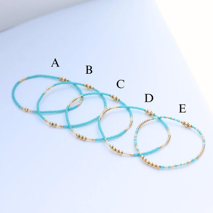 Signature Jasmine Stack | 14k Gold Filled Non-Tarnish with Teal, Cream and Gold Seed Beads | Stretch Beaded Bracelet Stack | Tiny| Triangle
