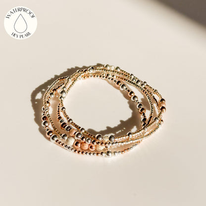 14k Rose Gold Filled & Sterling Silver Beaded Bracelet Stack | Waterproof, Non-Tarnish