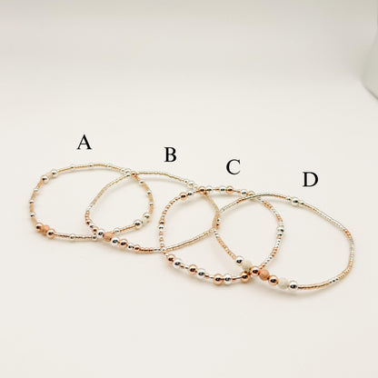 14k Rose Gold Filled & Sterling Silver Beaded Bracelet Stack | Waterproof, Non-Tarnish