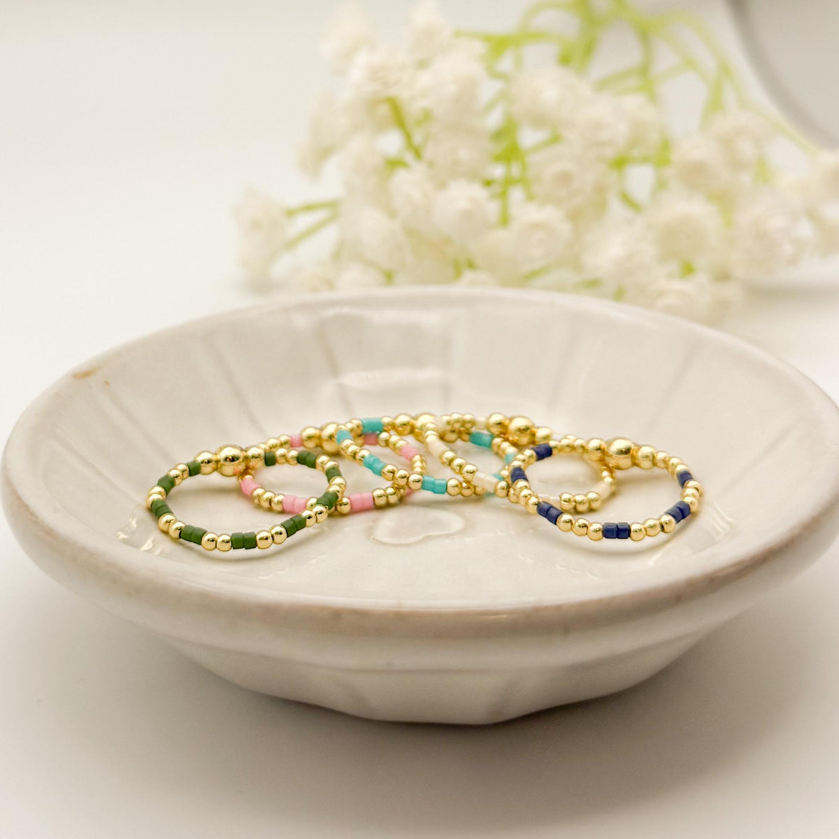 Color Block Beaded Rings | 18k Gold Filled Rings with Colorful Seed Beads | Stacking Rings | Stretch