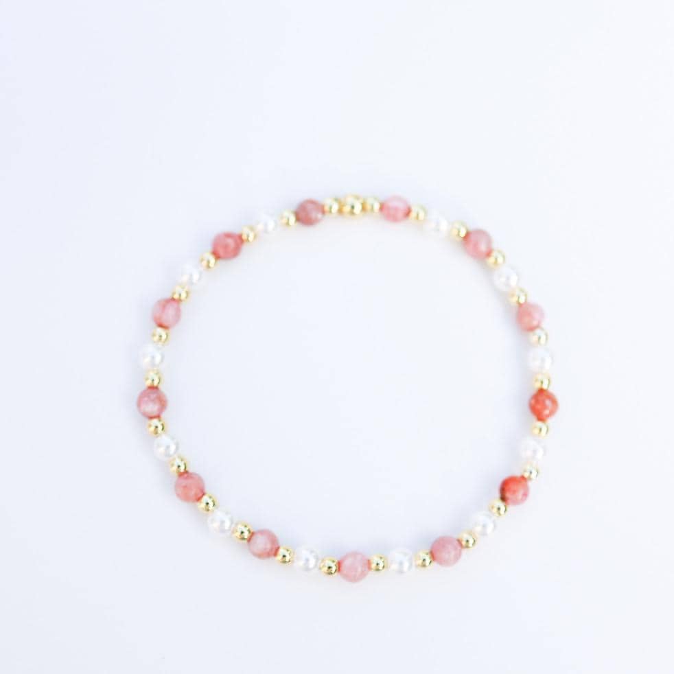 Gemstone Stretch Bracelet | 18k gold filled beaded bracelet with rose gemstones | Beaded pearl Bracelet | Summer | stone with pearls
