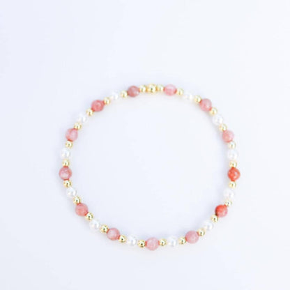 Gemstone Stretch Bracelet | 18k gold filled beaded bracelet with rose gemstones | Beaded pearl Bracelet | Summer | stone with pearls
