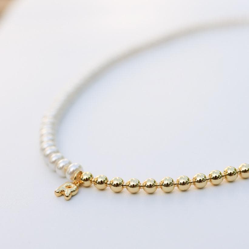 Half and Half Initial Necklace| 18k Gold Filled Beads with Pearl Beads | Bubble Letter Necklace| Gold Beaded Necklace