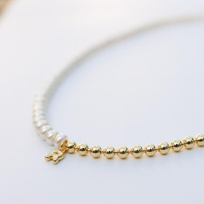 Half and Half Initial Necklace| 18k Gold Filled Beads with Pearl Beads | Bubble Letter Necklace| Gold Beaded Necklace