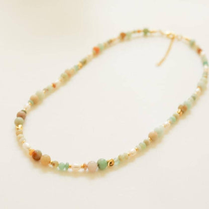 Amazonite & Imperial Jade with Cultured Pearls | 18k Gold Filled Beads with Red and Turquoise Beads and Chain Necklace | Layered Necklace