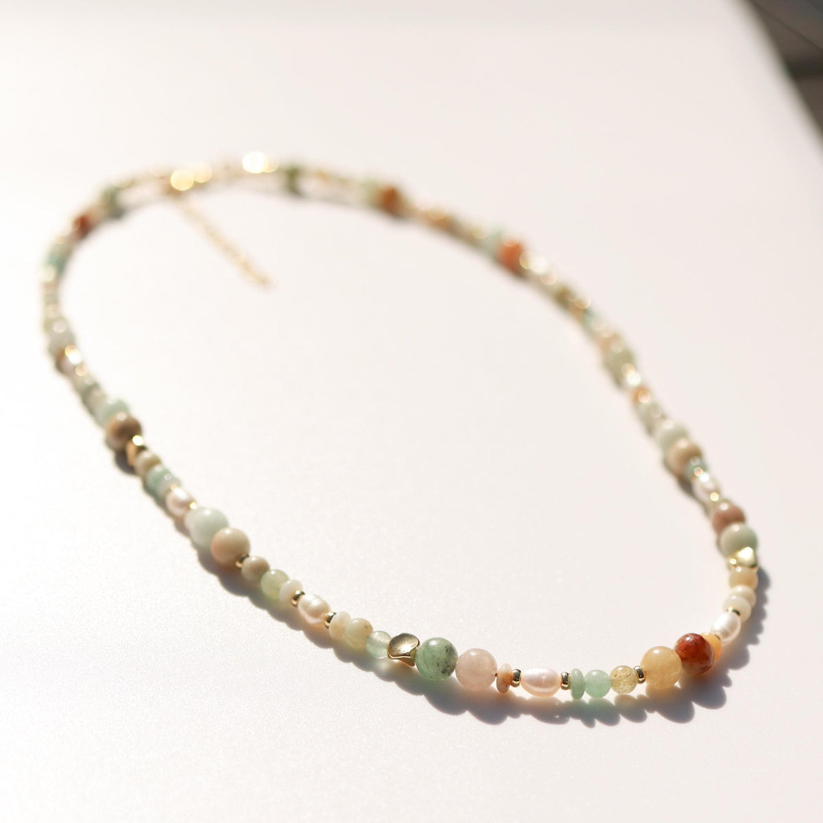 Amazonite & Imperial Jade with Cultured Pearls | 18k Gold Filled Beads with Red and Turquoise Beads and Chain Necklace | Layered Necklace