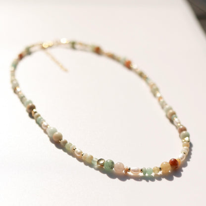 Amazonite & Imperial Jade with Cultured Pearls | 18k Gold Filled Beads with Red and Turquoise Beads and Chain Necklace | Layered Necklace
