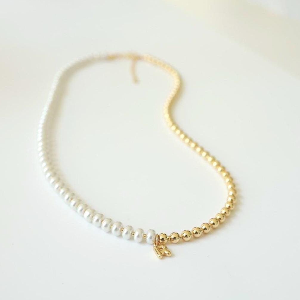 Half and Half Initial Necklace| 18k Gold Filled Beads with Pearl Beads | Bubble Letter Necklace| Gold Beaded Necklace