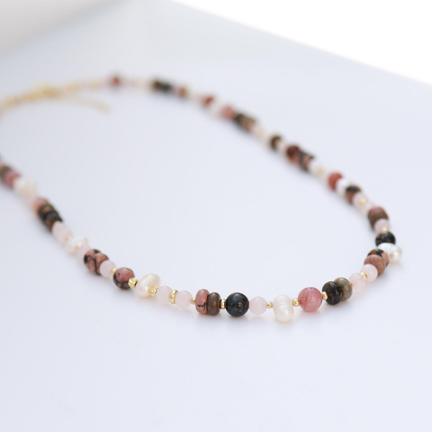 Rose Quartz & Rhodonite with Cultured pearls| 18k Gold Filled Beads with Red and Turquoise Beads and Chain Necklace | Layered Necklace