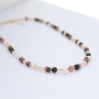 Rose Quartz & Rhodonite with Cultured pearls| 18k Gold Filled Beads with Red and Turquoise Beads and Chain Necklace | Layered Necklace
