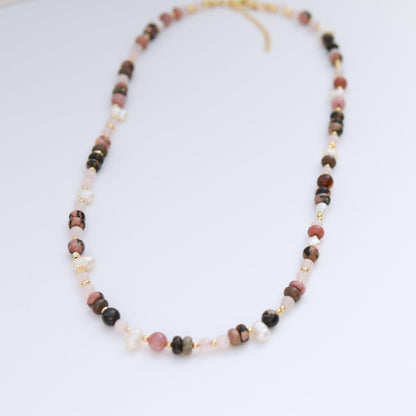 Rose Quartz & Rhodonite with Cultured pearls| 18k Gold Filled Beads with Red and Turquoise Beads and Chain Necklace | Layered Necklace