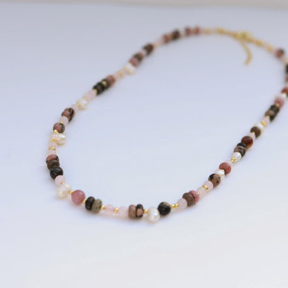 Rose Quartz & Rhodonite with Cultured pearls| 18k Gold Filled Beads with Red and Turquoise Beads and Chain Necklace | Layered Necklace