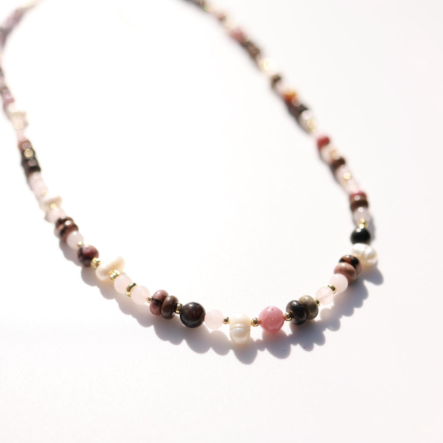 Rose Quartz & Rhodonite with Cultured pearls| 18k Gold Filled Beads with Red and Turquoise Beads and Chain Necklace | Layered Necklace