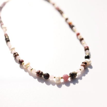 Rose Quartz & Rhodonite with Cultured pearls| 18k Gold Filled Beads with Red and Turquoise Beads and Chain Necklace | Layered Necklace
