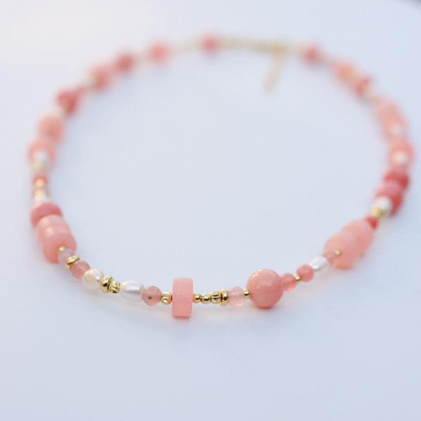 Pink Dyed Quartz | 18k Gold Filled Beads with Red and Turquoise Beads and Chain Necklace | Layered Necklace