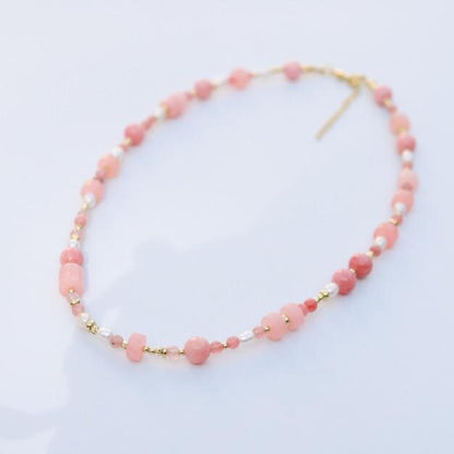 Pink Dyed Quartz | 18k Gold Filled Beads with Red and Turquoise Beads and Chain Necklace | Layered Necklace