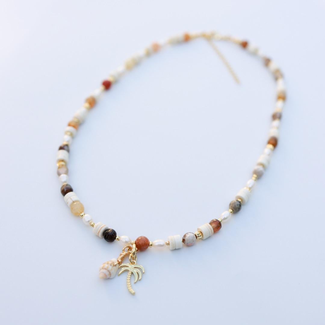 Shells & Jasper and Imperial Jade mix with Cultured Pearl | 18k Gold Filled Beads with Red and Turquoise Beads and Chain Necklace |