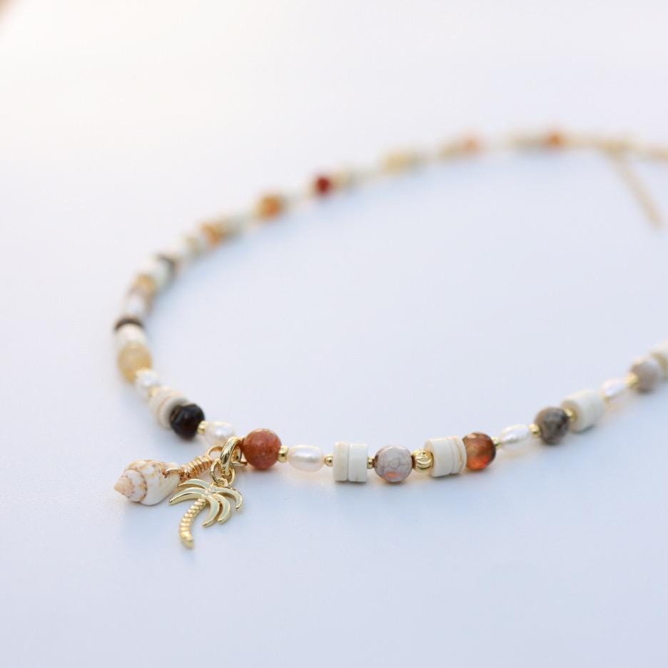 Shells & Jasper and Imperial Jade mix with Cultured Pearl | 18k Gold Filled Beads with Red and Turquoise Beads and Chain Necklace |