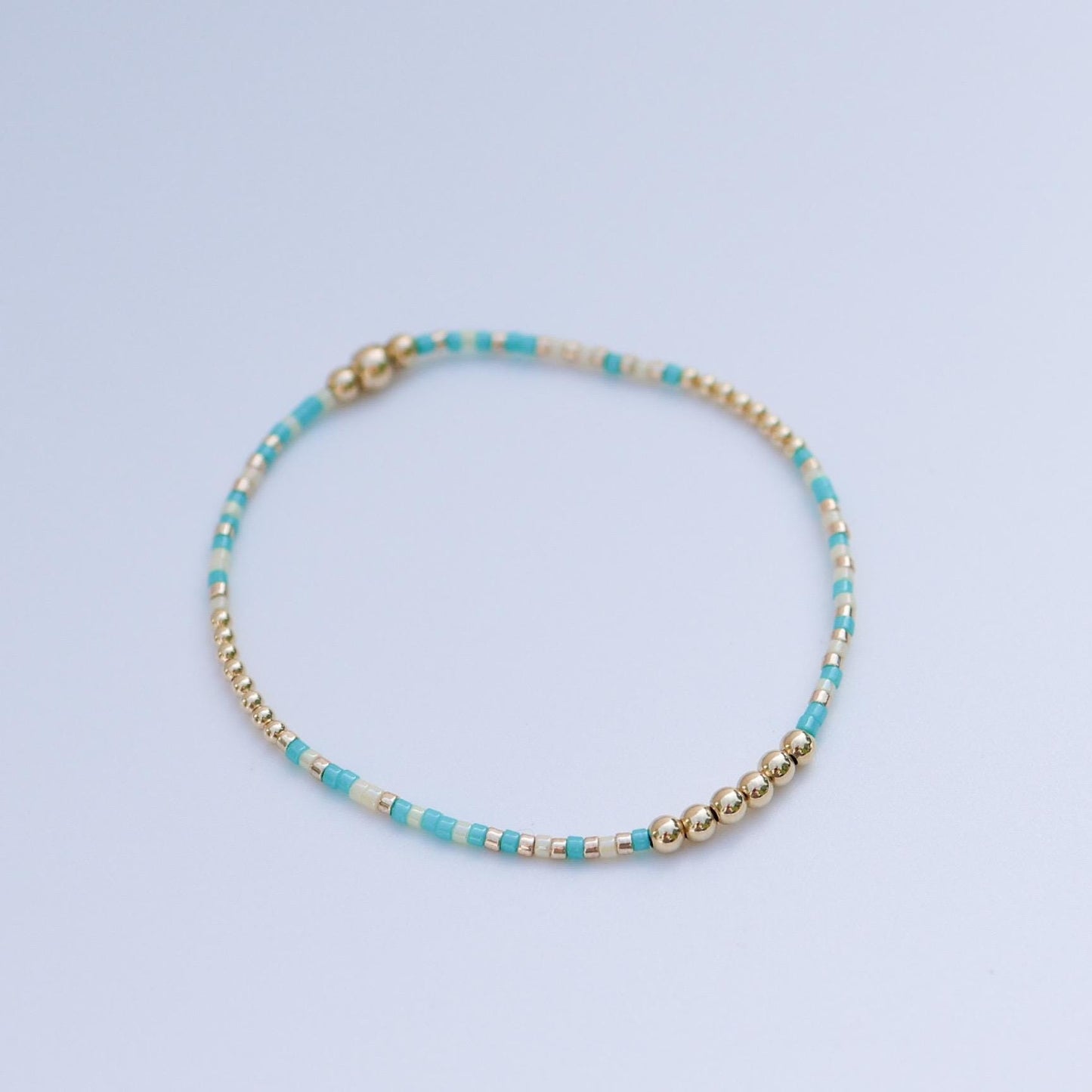 Signature Jasmine Stack | 14k Gold Filled Non-Tarnish with Teal, Cream and Gold Seed Beads | Stretch Beaded Bracelet Stack | Tiny| Triangle