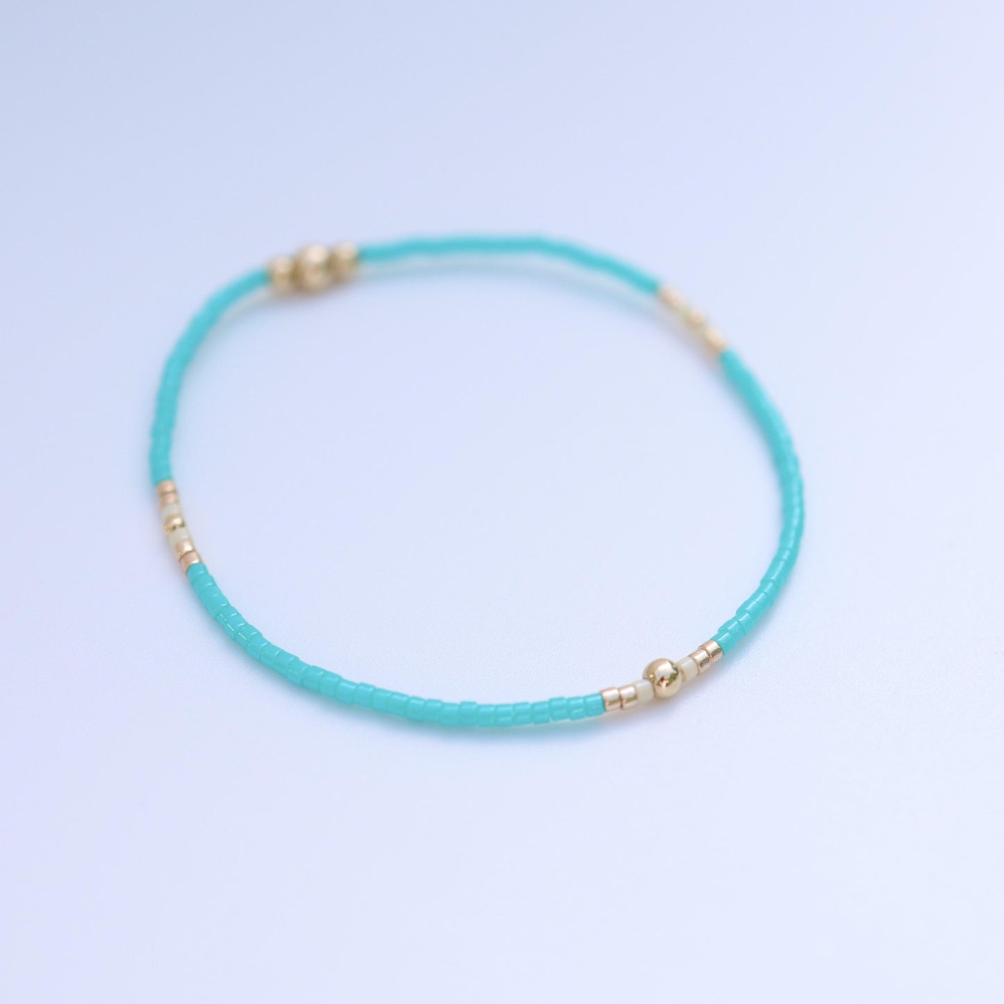 Signature Jasmine Stack | 14k Gold Filled Non-Tarnish with Teal, Cream and Gold Seed Beads | Stretch Beaded Bracelet Stack | Tiny| Triangle