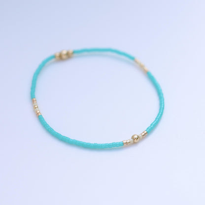 Signature Jasmine Stack | 14k Gold Filled Non-Tarnish with Teal, Cream and Gold Seed Beads | Stretch Beaded Bracelet Stack | Tiny| Triangle