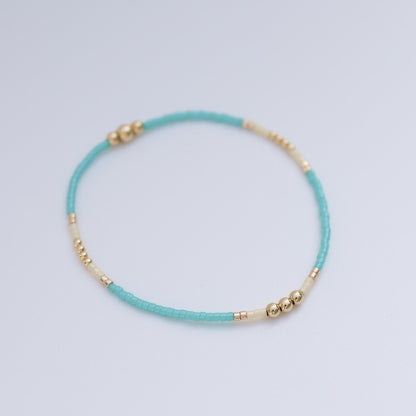 Signature Jasmine Stack | 14k Gold Filled Non-Tarnish with Teal, Cream and Gold Seed Beads | Stretch Beaded Bracelet Stack | Tiny| Triangle