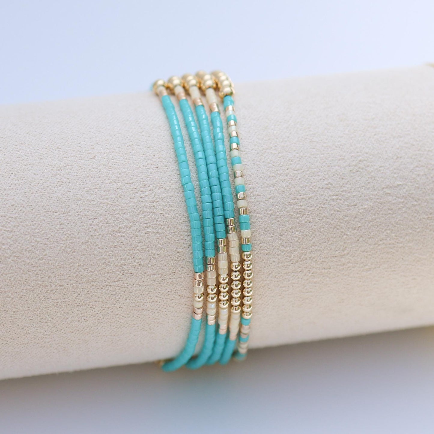 Signature Jasmine Stack | 14k Gold Filled Non-Tarnish with Teal, Cream and Gold Seed Beads | Stretch Beaded Bracelet Stack | Tiny| Triangle