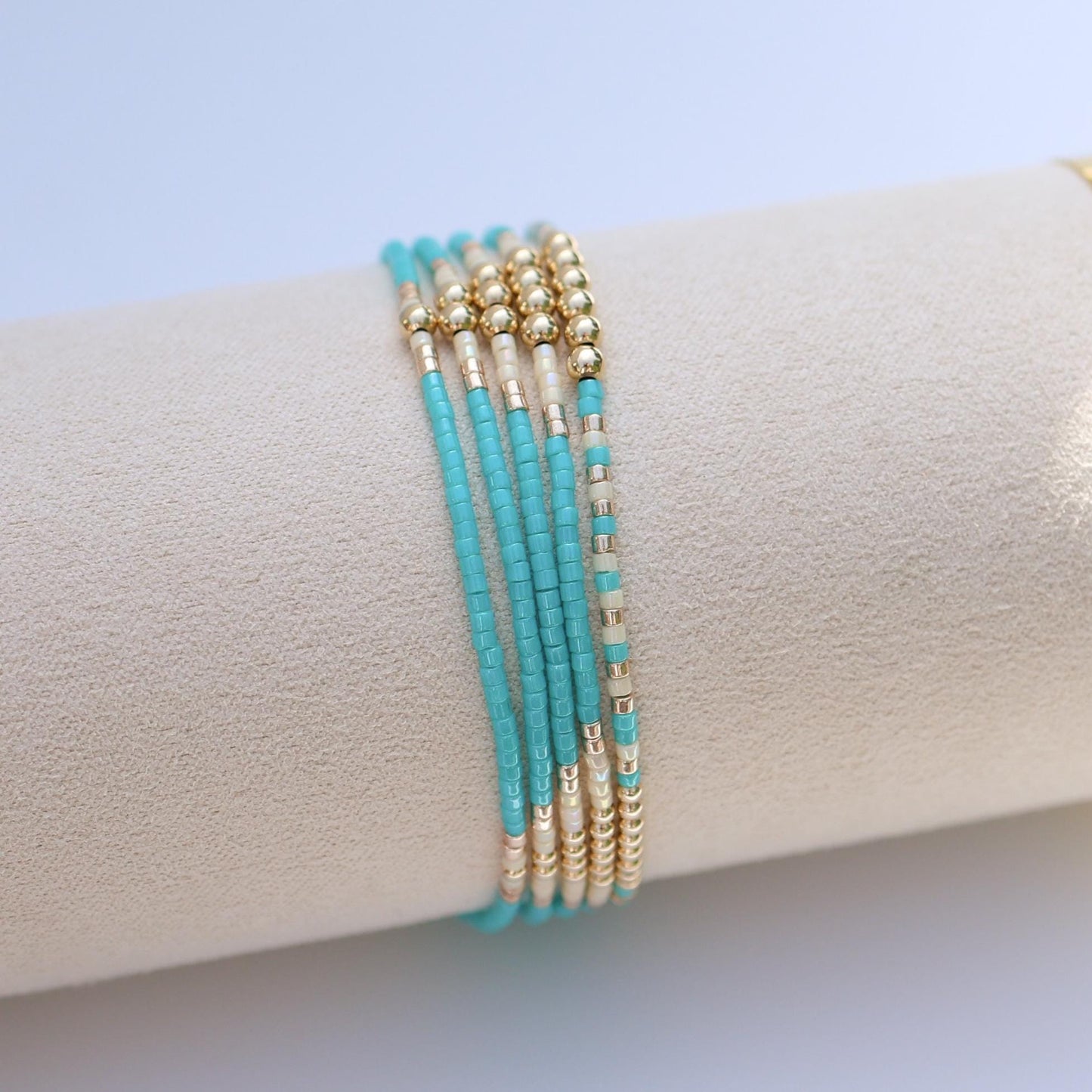 Signature Jasmine Stack | 14k Gold Filled Non-Tarnish with Teal, Cream and Gold Seed Beads | Stretch Beaded Bracelet Stack | Tiny| Triangle