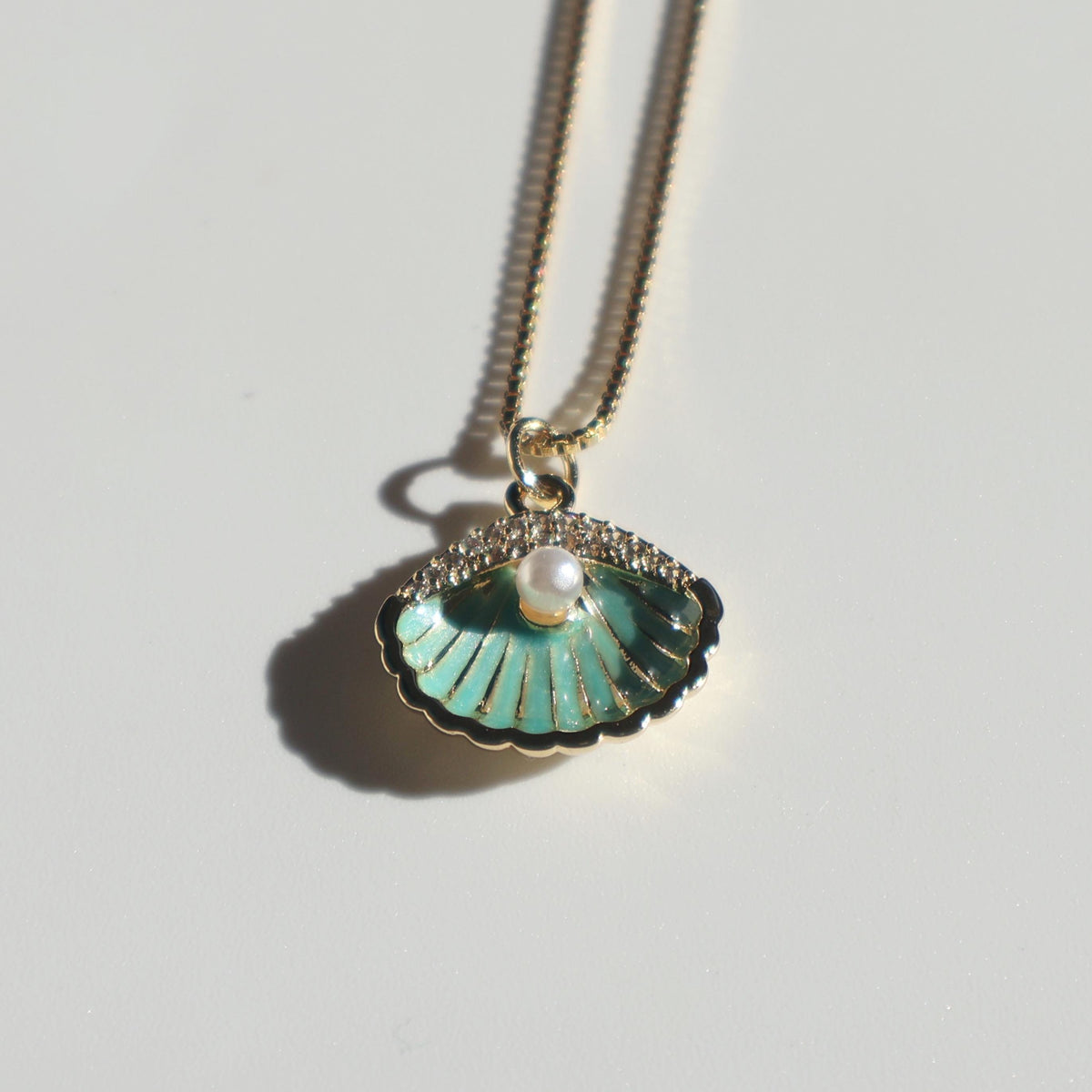 Teal Seashell Pearl Necklace | Chain Necklace with Charm