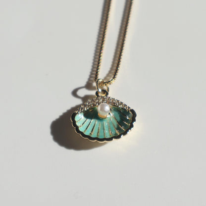 Teal Seashell Pearl Necklace | Chain Necklace with Charm