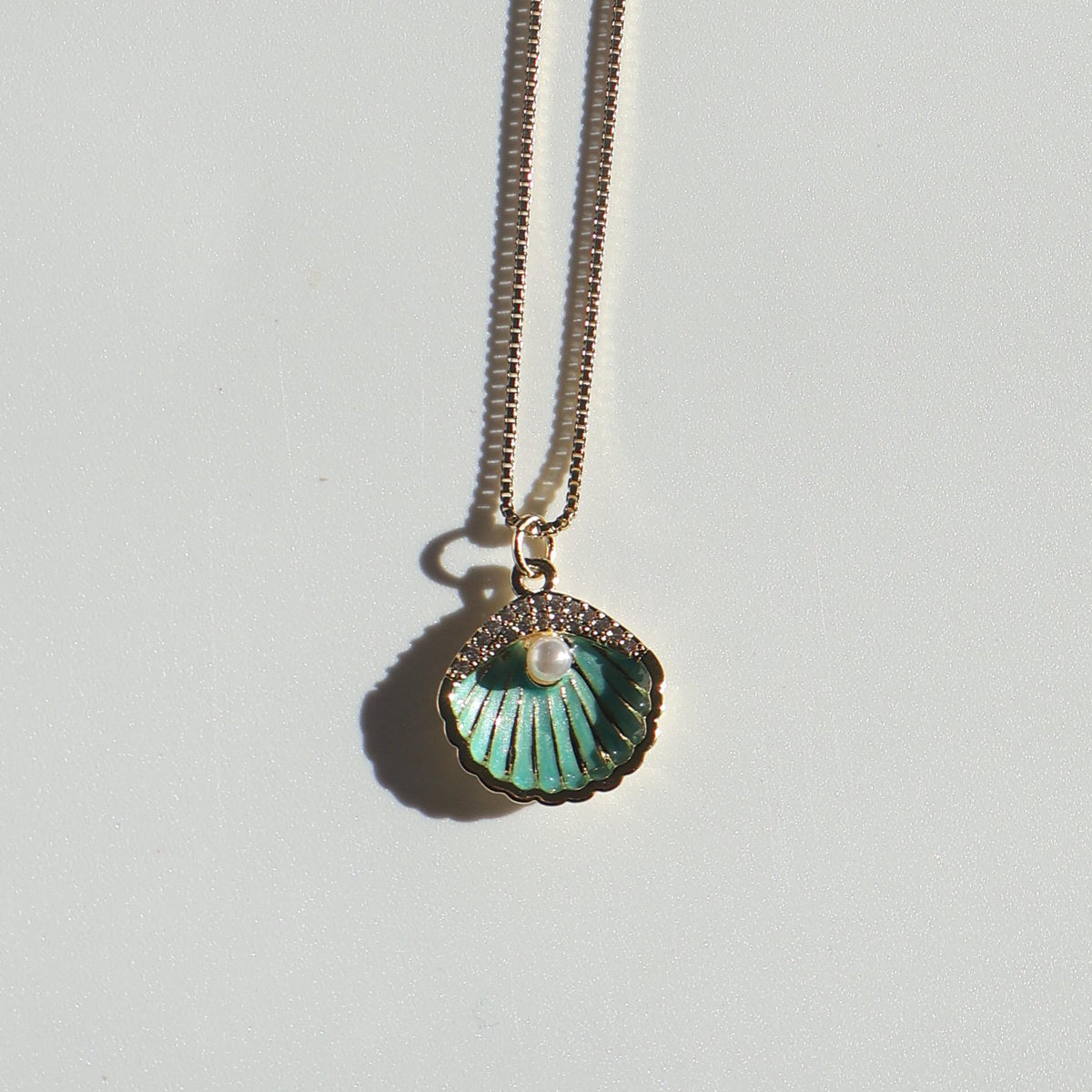 Teal Seashell Pearl Necklace | Chain Necklace with Charm