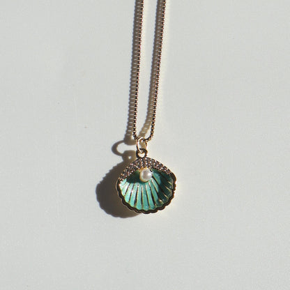 Teal Seashell Pearl Necklace | Chain Necklace with Charm