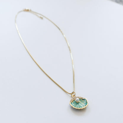 Teal Seashell Pearl Necklace | Chain Necklace with Charm