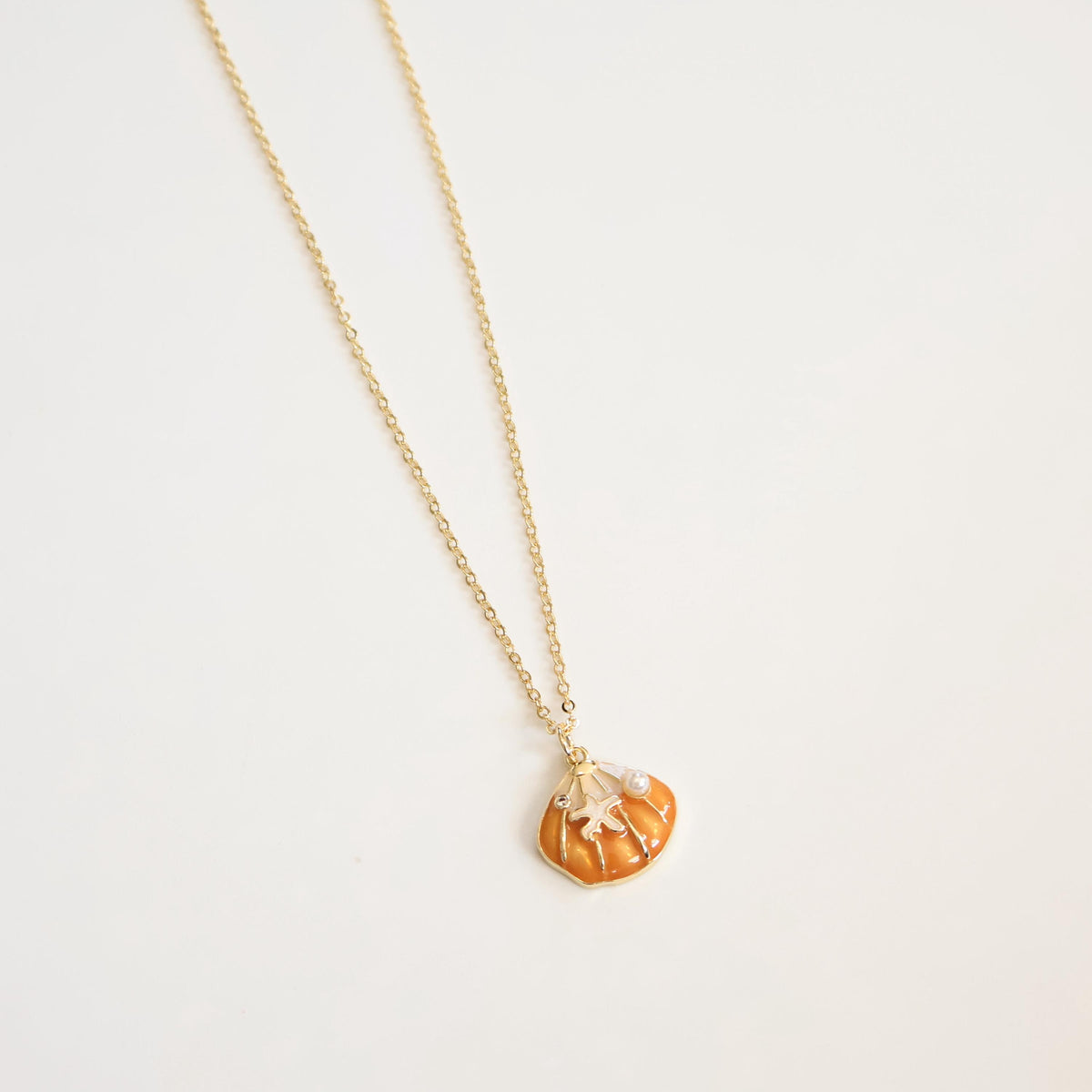 Orange Seashell Pearl Necklace | Chain Necklace with Charm
