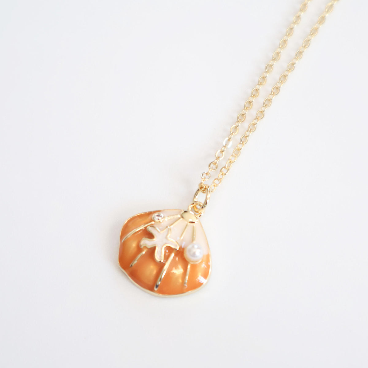Orange Seashell Pearl Necklace | Chain Necklace with Charm