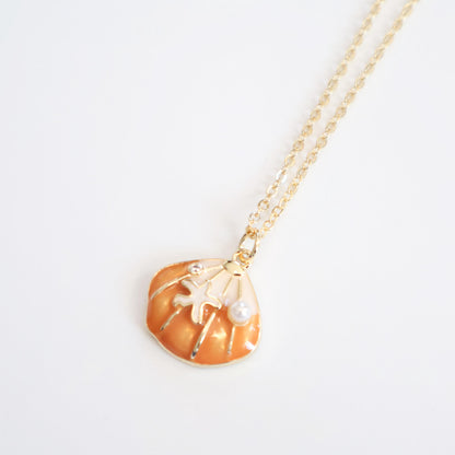 Orange Seashell Pearl Necklace | Chain Necklace with Charm