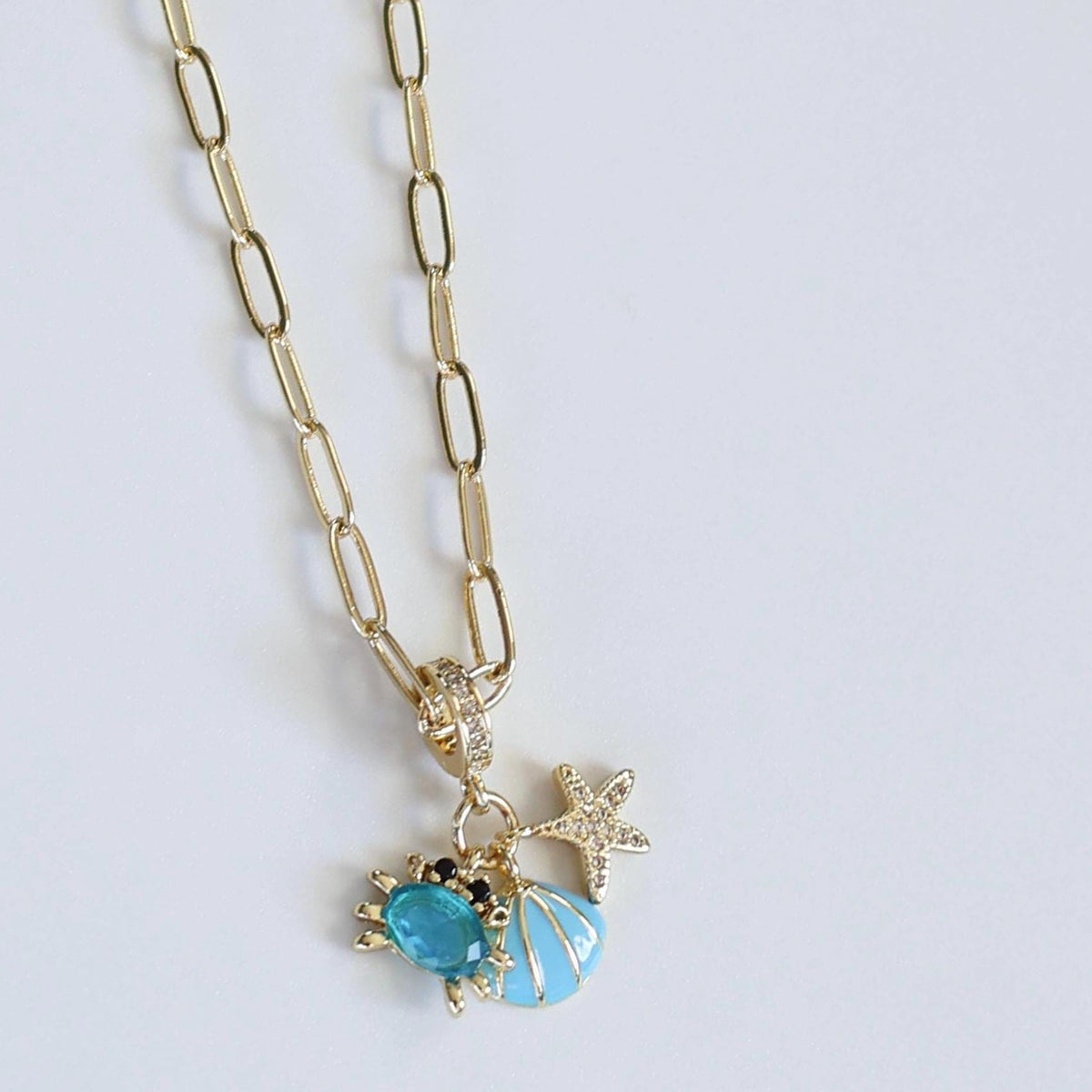 The Ocean Necklace | Paperclip Chain Necklace with Seashell, Crab and Starfish Charm