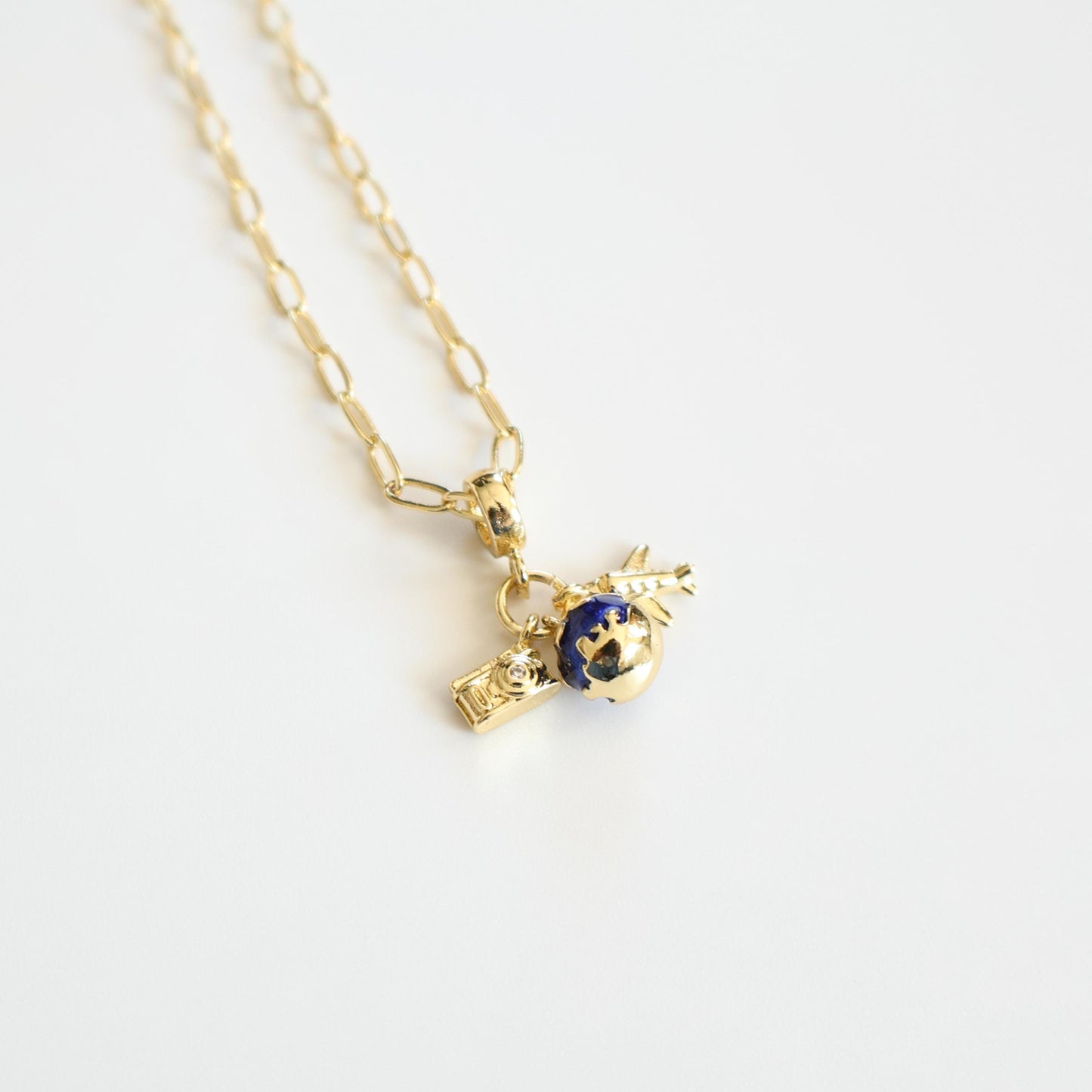 Travel the World Necklace | Paperclip Chain Necklace with Travel Charms | Camera, Glove and Plane charm